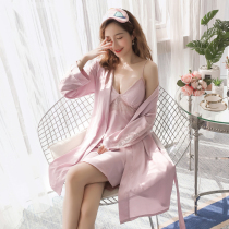 Spring Autumn Lace Real Silk Sleepwear Woman 2019 New Tide Sexy Two Sets Summer Red Ice Silk Harness Sleeping Dress