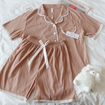 Lace pajamas female Japanese cotton summer short sleeve ins Wind two-piece set sweet Net red explosive 2021 home clothes