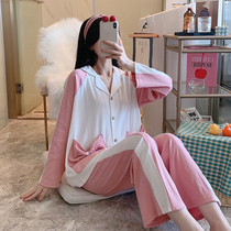 2021 new pajamas womens spring and autumn cotton long sleeve thin cute bow can be worn outside small home clothes