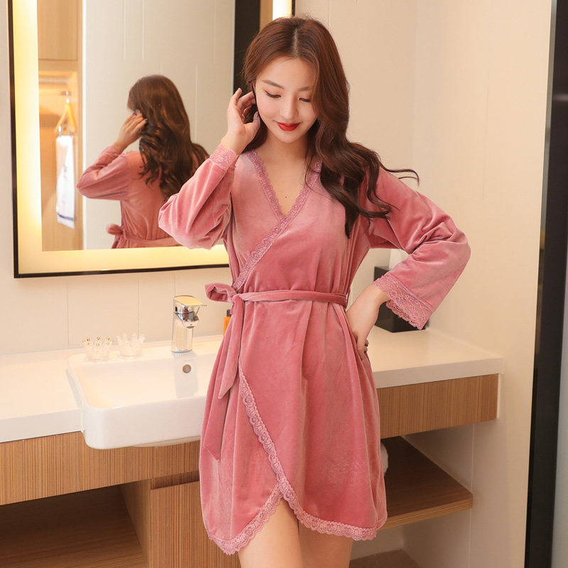 Gold velvet nightgown women's spring and autumn long-sleeved small nightdress sexy beauty salon bathrobe pajamas women's suit autumn and winter