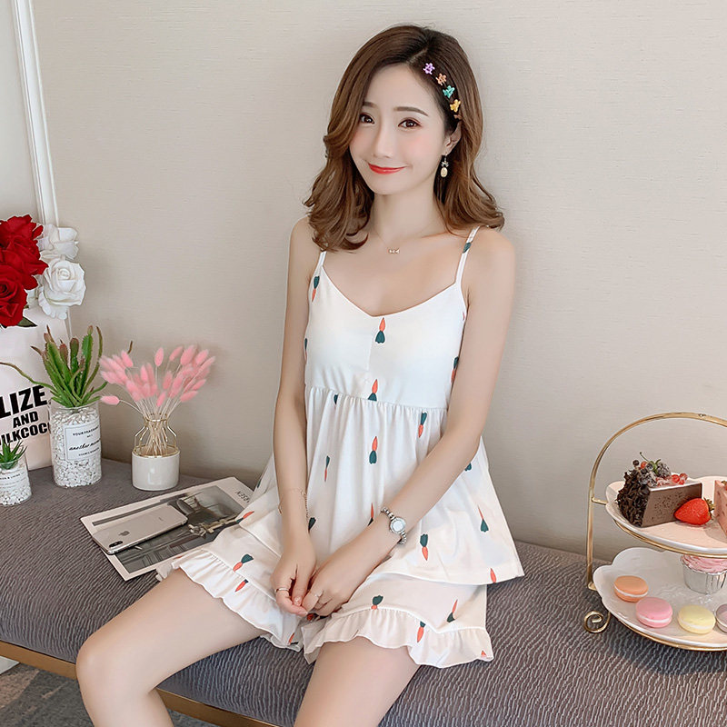 Harness Sleepwear Woman Summer Thin pure cotton Korean version Two sets of sweet and cute student girl with chest cushion home clothes