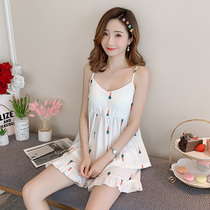 Harness Sleepwear Woman Summer Thin pure cotton Korean version Two sets of sweet and cute student girl with chest cushion home clothes
