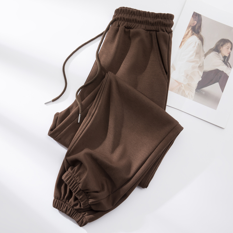 Women's Jogger Pants, Thin, Plus Size, Spring/Summer 2026 New Style, Cropped Pants for Petite Women, Coffee Color, Sporty Casual, Pure Cotton