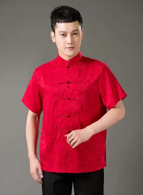 Mô phỏng đàn ông lụa Tang phù hợp với rồng. Quần áo Trung Quốc, trang phục mùa hè nam, bộ đồ Tang, cha trung niên, cỡ lớn - Trang phục dân tộc quần áo thể thao nam