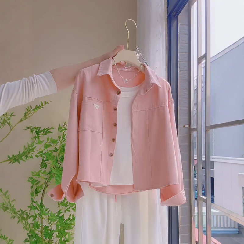 Pink Fashionable Korean Style Denim Shirt Jacket for Women Early Autumn New Style Small Single-Breasted Short Shirt for Women