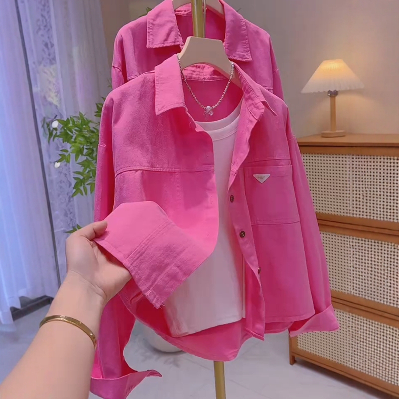 Spring New Design Single-Breasted Shirt Jacket Women's Fashion Stylish Rose Red Polo Collar Denim Shirt