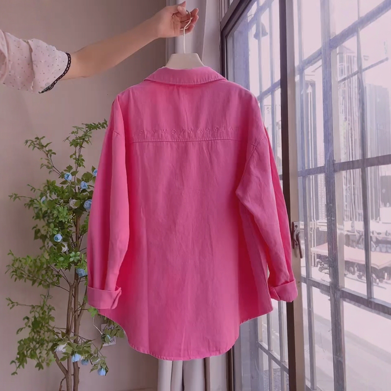 Rose Red Polo Collar Long-Sleeved Denim Shirt for Women, Early Autumn New Style, Mid-Length Letter Embroidered Jacket for Women