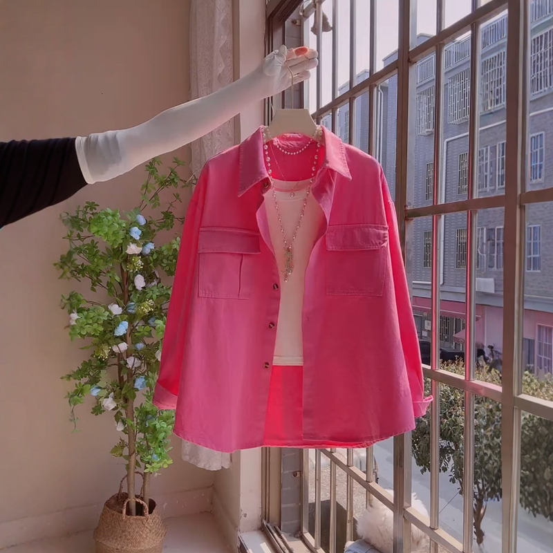 Spring and Summer New Style Polo Collar Long-Sleeved Denim Shirt Jacket Korean Style Fashion Versatile Rose Red Cardigan Shirt