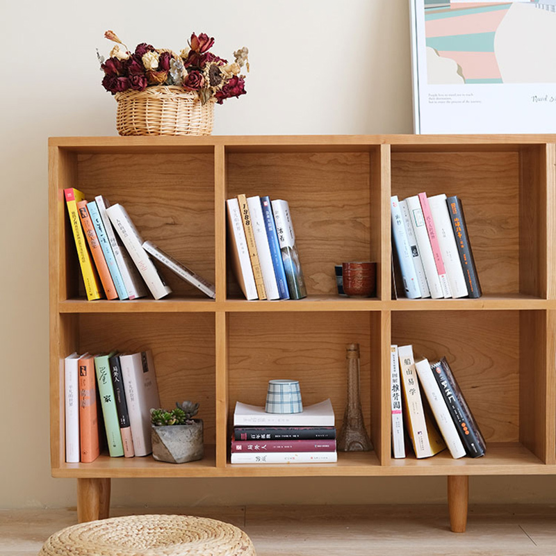 Cherry Wood Bookcase Solid Wood Lattice Cabinet Bookshelf Floor-Standing Display Cabinet Japanese-Style Study Room Minimalist Model