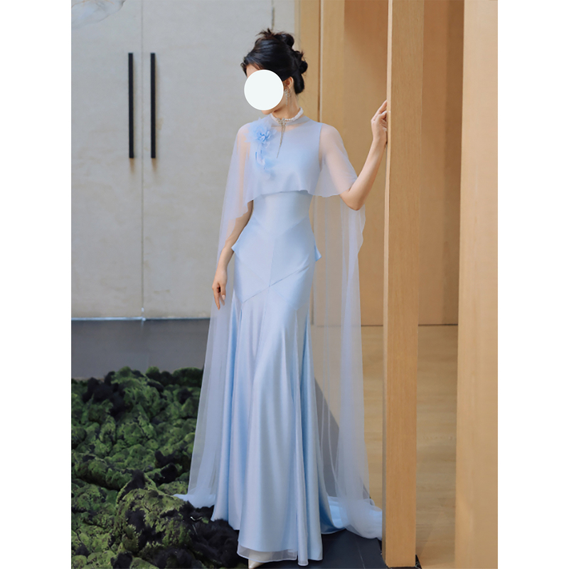 Blue Guzheng Performance Dress, High-End and Elegant, Ethnic Vocal Solo Performance Attire, Chinese Style Performance Clothing for Music Students' Art Exams