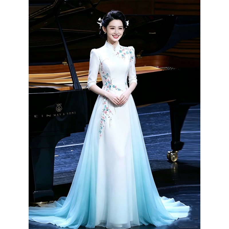 2026 New Model Evening Gown for Vocal Performance, Heavily Embroidered New Chinese-Style Long Dress for Annual Meeting Hostess 2026 New Model Evening Gown for Vocal Performance, Heavily Embroidered New Chinese-Style Long Dress for Annual Meeting Hostess
