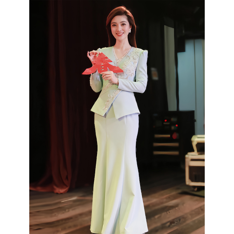 Blue Host Evening Gown for Annual Meeting, High-End Elegant Performance Dress for Vocal Art Exams, Ethnic Vocal Performance Long-Sleeve Mermaid Dress for Winter