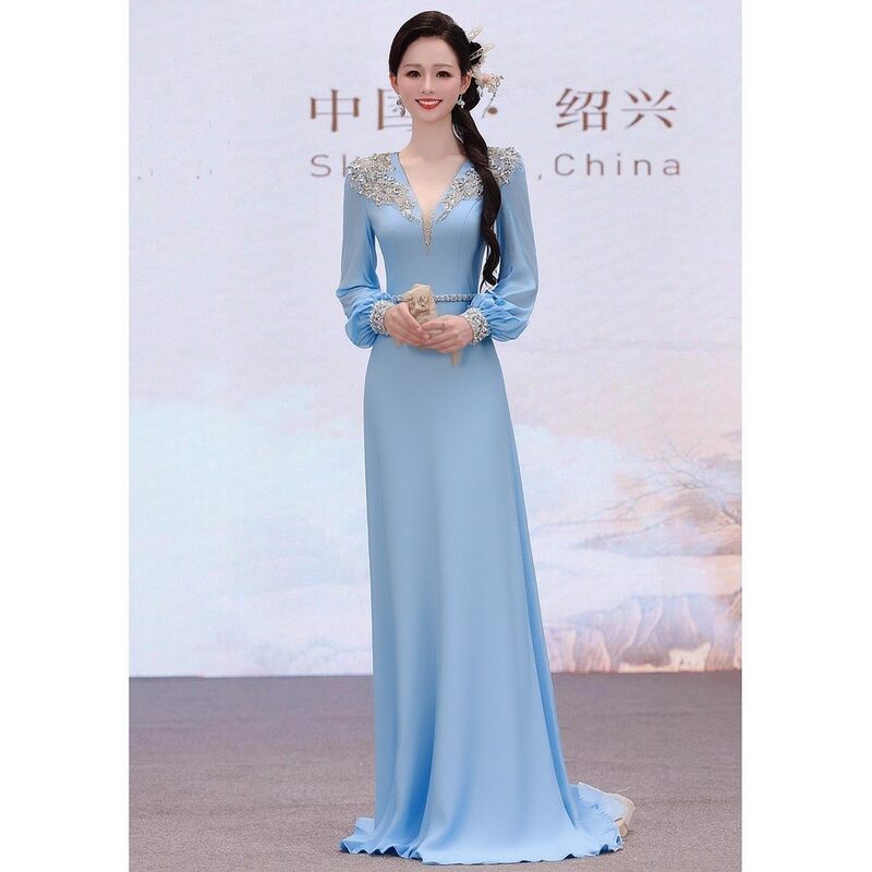 Blue Host Gown, Dignified and Elegant, Suitable for Annual Meetings, Vocal Performances, Art Exams, Concerts, Solo Stage Performances, with a High-End Feel