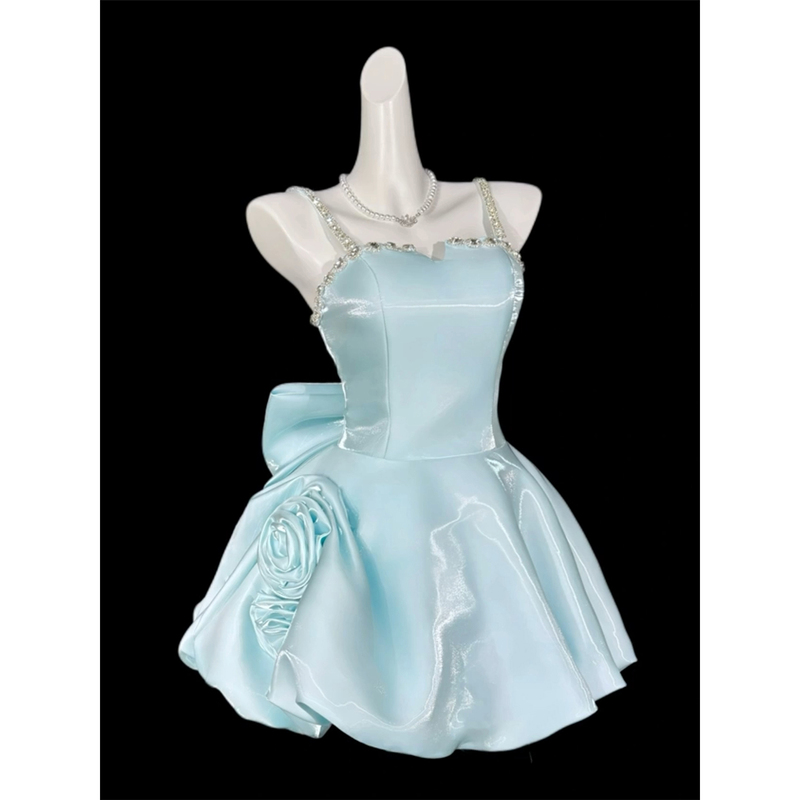Blue Satin Dress, High-End Luxury Student Birthday Party Host Gown, Coming-Of-Age Ceremony Princess Dress, Elegant Puffy Dress Blue Satin Dress, High-End Luxury Student Birthday Party Host Gown, Coming-Of-Age Ceremony Princess Dress, Elegant Puffy Dress