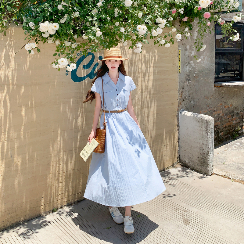 Korean-Style Blue Waist-Cinching Slimming Shirt Dress for Women, 2026 Summer, Elegant and Artistic Long Dress, Commuting A-Line Skirt