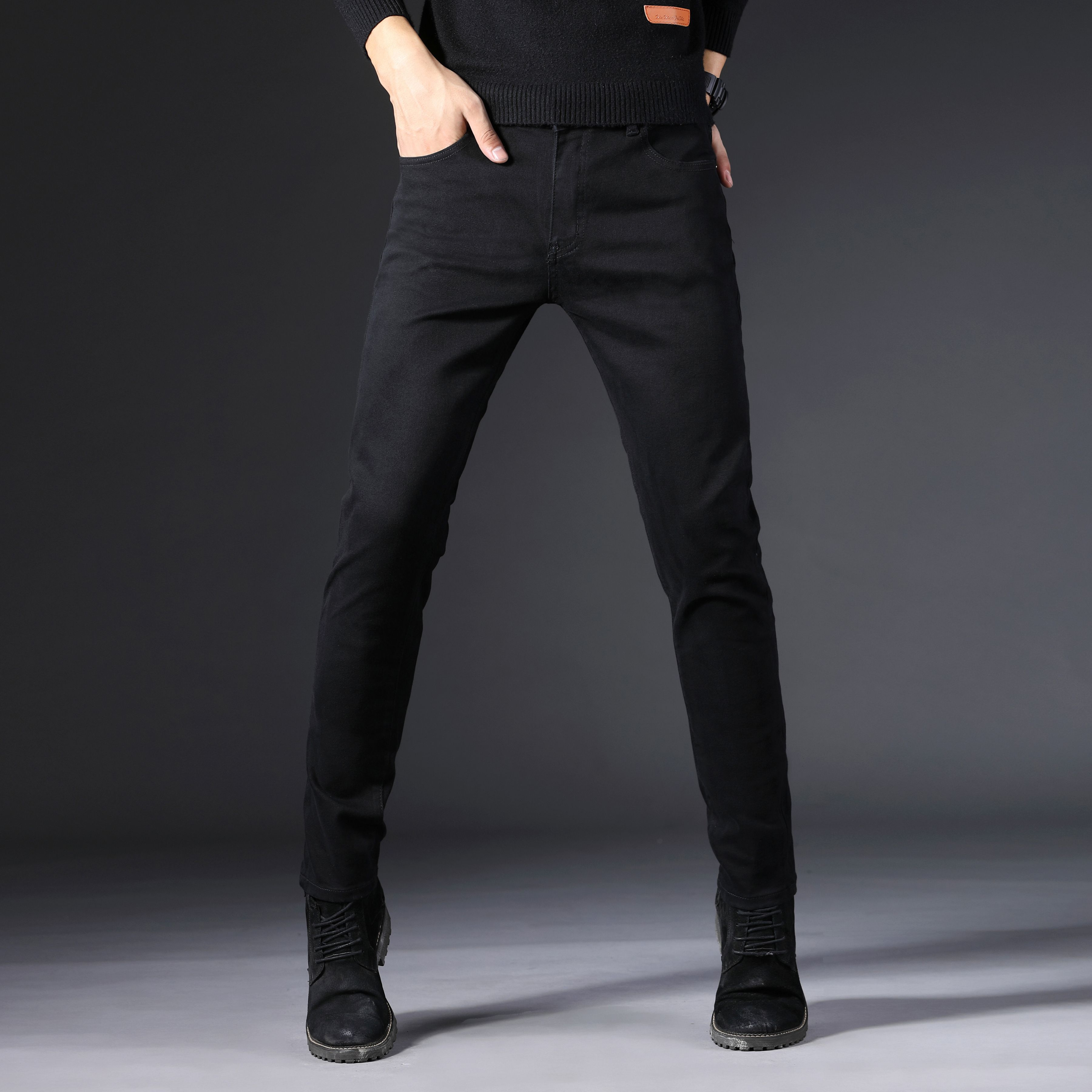 Plus velvet thick black autumn and winter jeans men's elastic slim casual narrow-leg pants Korean version of the trend of youth long pants