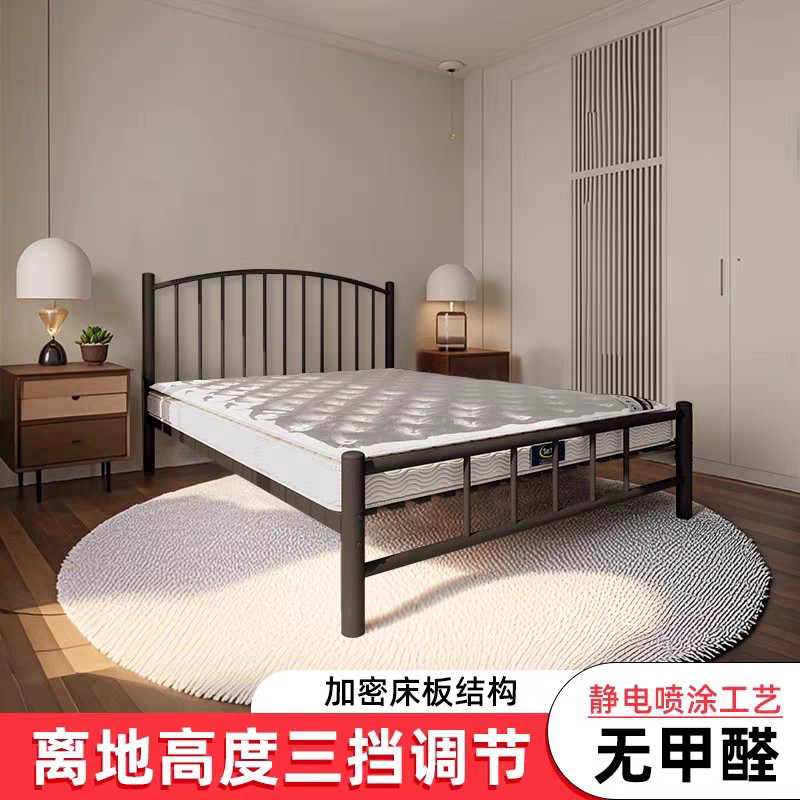 Modern Minimalist Black Iron Frame Bed, Single Bed for Guesthouses, Light Luxury Iron Art Bed, Trendy Retro Double Bed, Reinforced Iron Bed