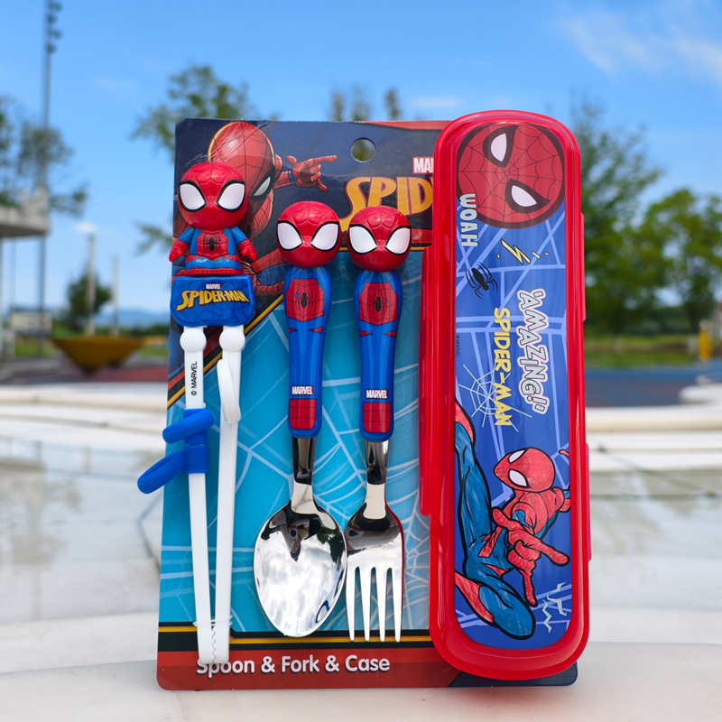 Spider-Man Children's Practice Chopsticks, Spoon, and Fork Set with Storage Box, 2-10 Years Old Tableware, 304 Stainless Steel Four-Piece Set