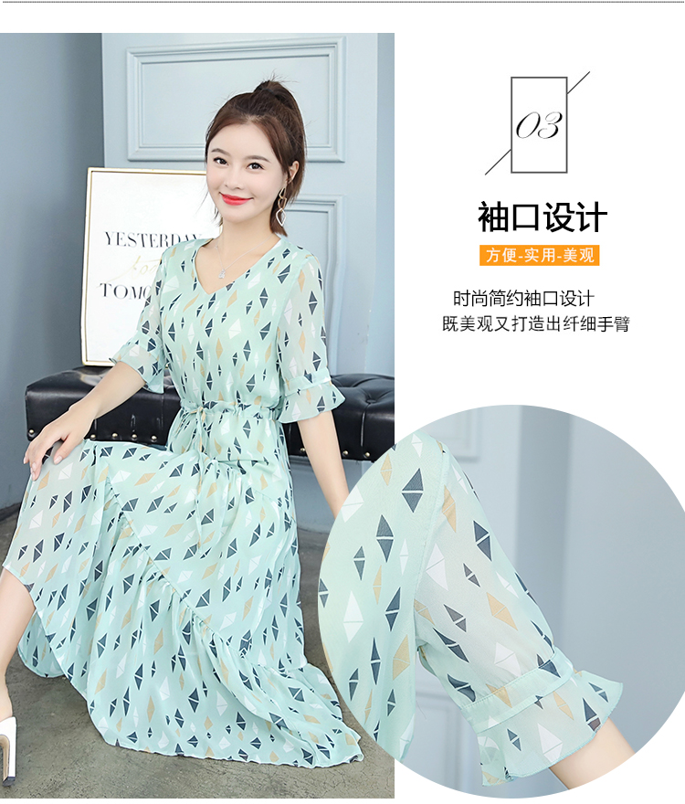 Đầm voan cổ chữ V dài vừa phải 2019 xuân hè thu đông nổi tiếng của phụ nữ - Váy eo cao váy chiết eo cao	