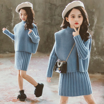 Hong Kong girls dress set fall winter 2022 new little girl long turtle neck set two-piece set