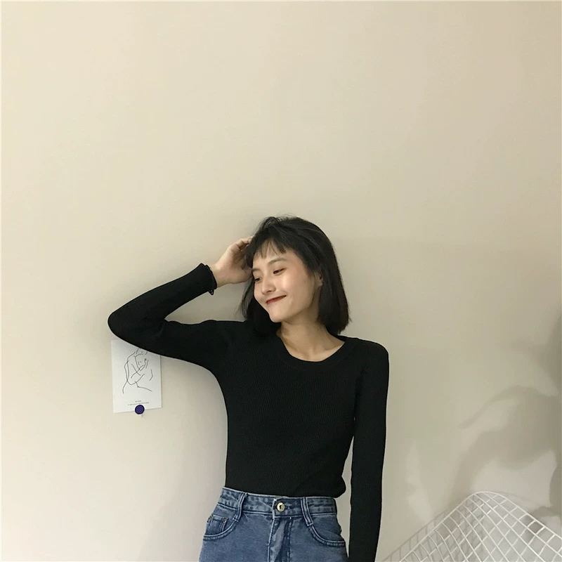 Phụ nữ mùa thu 2018 mới màu rắn hố dài tay áo len đáy quần phiên bản Hàn Quốc của áo sơ mi cổ tròn thon gọn hoang dã áo khoác len cardigan nữ