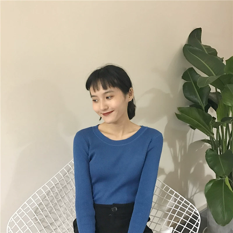 Phụ nữ mùa thu 2018 mới màu rắn hố dài tay áo len đáy quần phiên bản Hàn Quốc của áo sơ mi cổ tròn thon gọn hoang dã áo khoác len cardigan nữ