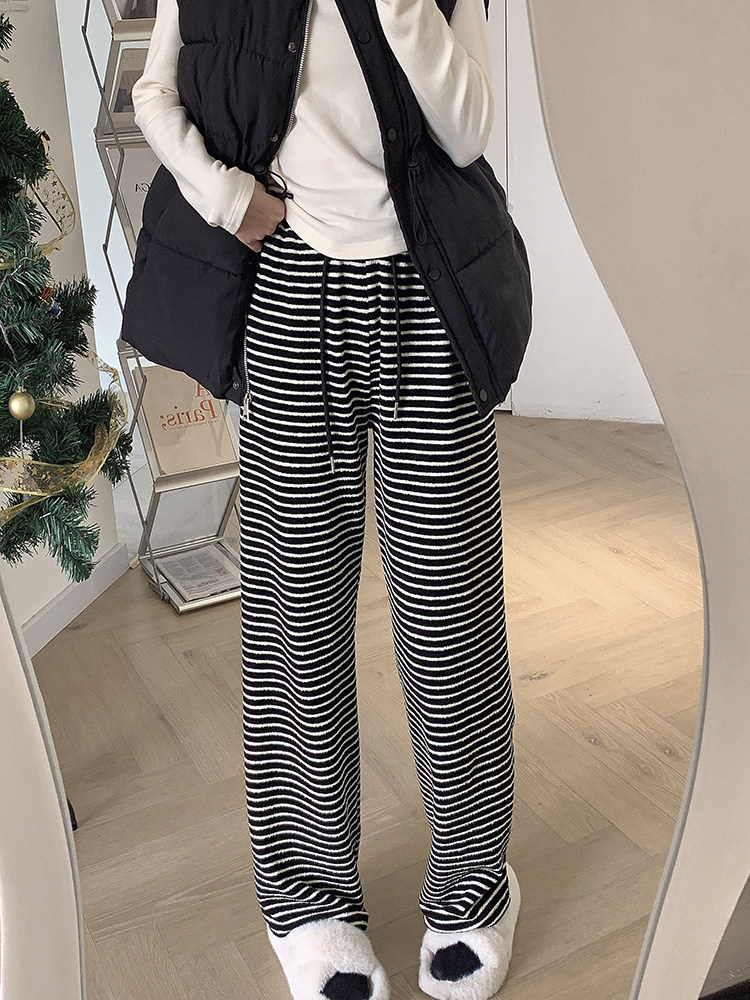 春季2023新款宽松显瘦直筒阔腿裤杏色高腰条纹垂感休闲裤女裤子潮详情16