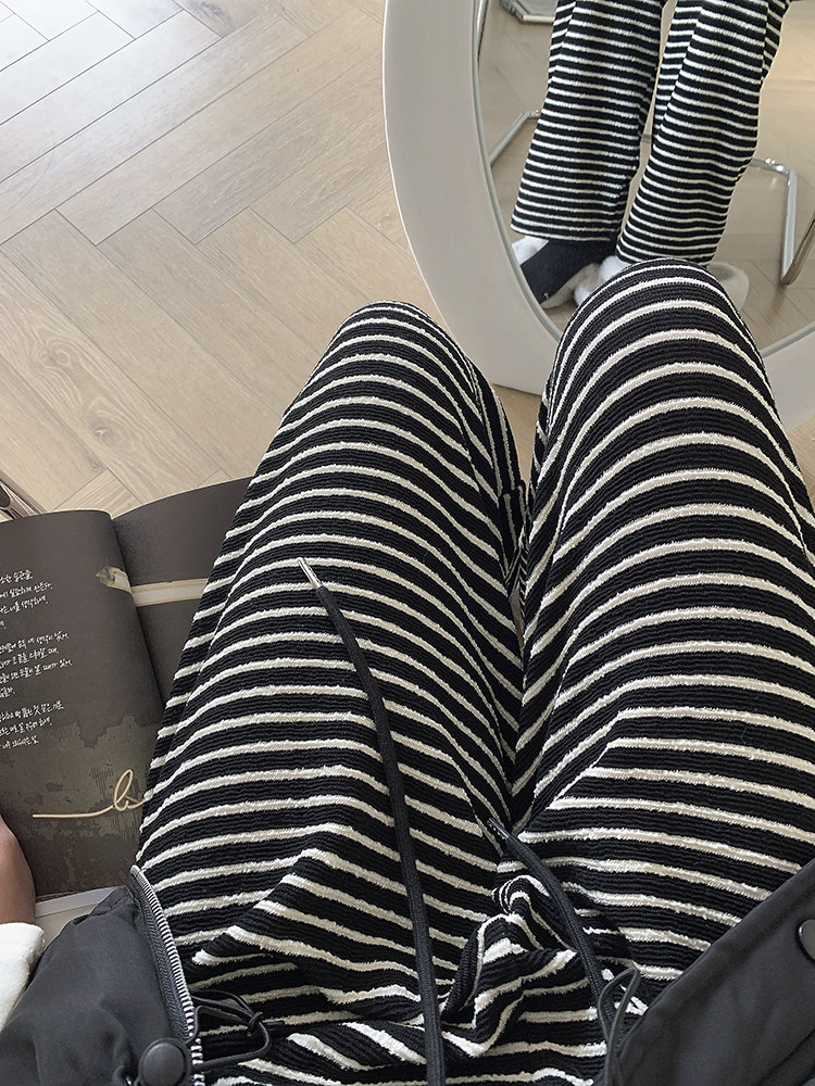 春季2023新款宽松显瘦直筒阔腿裤杏色高腰条纹垂感休闲裤女裤子潮详情22