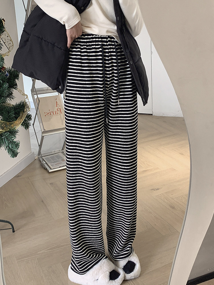 春季2023新款宽松显瘦直筒阔腿裤杏色高腰条纹垂感休闲裤女裤子潮详情17