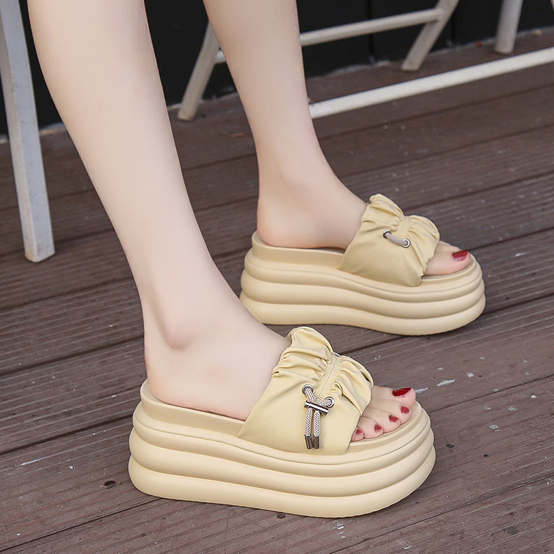 High-End Casual Sandals for Women, Summer, Petite Size, 9cm Wedge Heel, Thick Sole, Height-Increasing, Pleated Drawstring, Soft Sole, Slip-On Sandals High-End Casual Sandals for Women, Summer, Petite Size, 9cm Wedge Heel, Thick Sole, Height-Increasing, Pleated Drawstring, Soft Sole, Slip-On Sandals