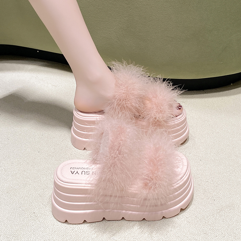 8cm Height-Increasing Fairy-Style Furry Slippers for Women, Summer Outdoor Wear, 2025 New Model, Thick-Soled High-Heeled Slide Sandals for Petite Women