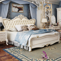 European full solid wood leather bed 1 8m princess bed luxury master bedroom furniture modern simple bed leather carved bed