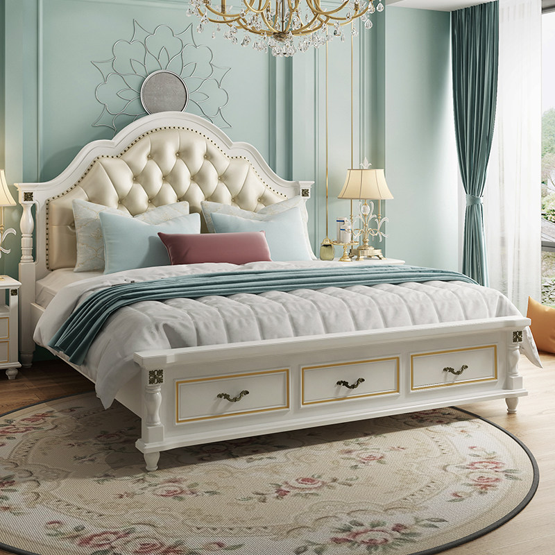 American double bed light luxury European solid wood white princess bed master bedroom modern simple 1 5 furniture set combination