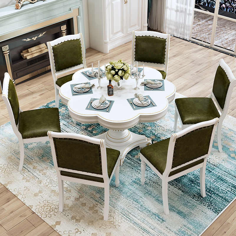 Simple to make old white dining room European-style solid wood footed table minimalist Villa Round Table Dining Chair 4 sheets