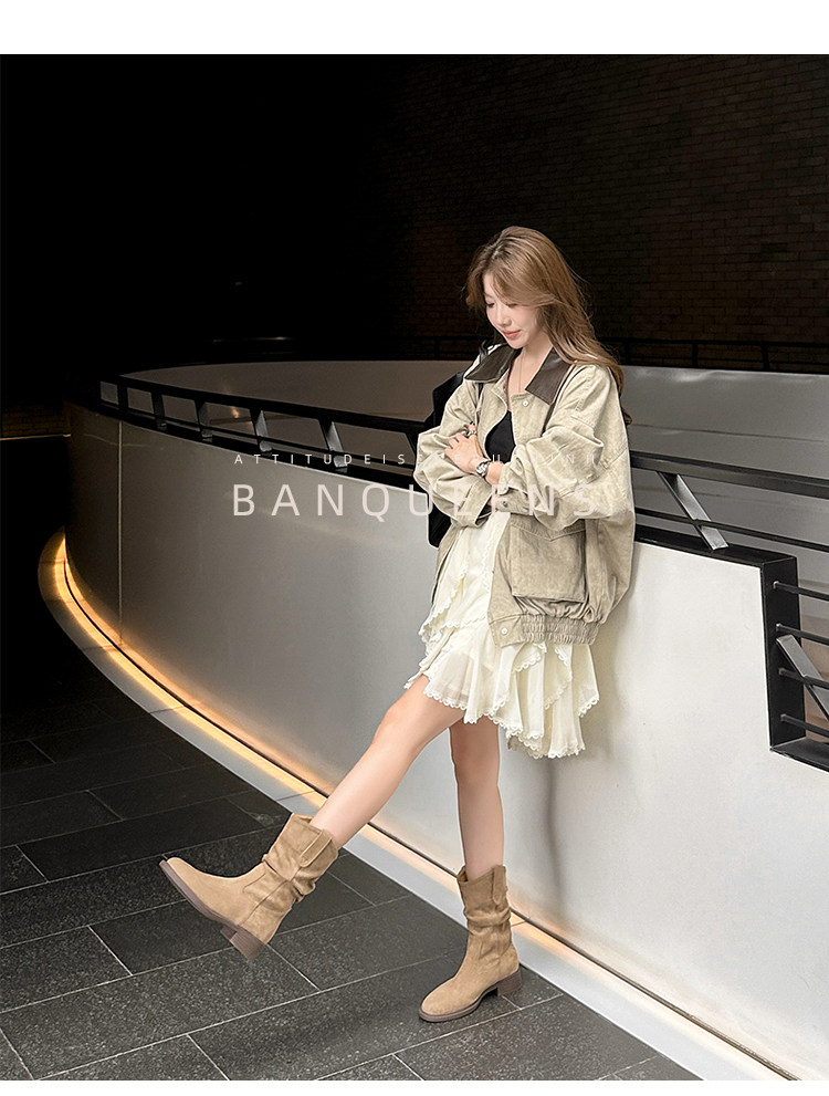 Западные Boots 真皮版！半曲西部牛仔靴2025年秋季美拉德短靴子中筒靴堆堆靴女靴