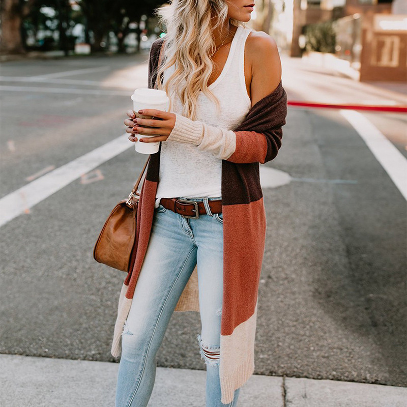 three-color stripe stitching long sweater cardigan NSYF3637