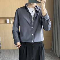 Spring Summer Thin Style Long Sleeve Shirt Mens Korean Version Trend Easing Free of Hot Inner Huppie Handsome ice Silk Lining Clothes