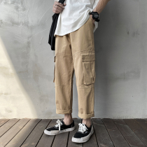 Straight overalls mens 9 points loose tide brand Japanese port style pants ins tide versatile drop sense casual bf nine-point pants