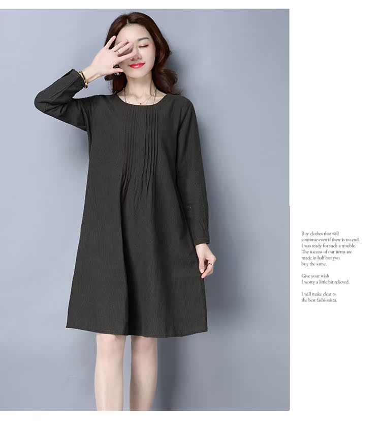 Chất liệu cotton và vải lanh Hàn Quốc phiên bản dài vừa phải của vải lanh retro dài một chiếc váy mùa xuân 2019 mới cho phụ nữ áo dài tay 3207 - A-Line Váy váy chữ a cho người béo