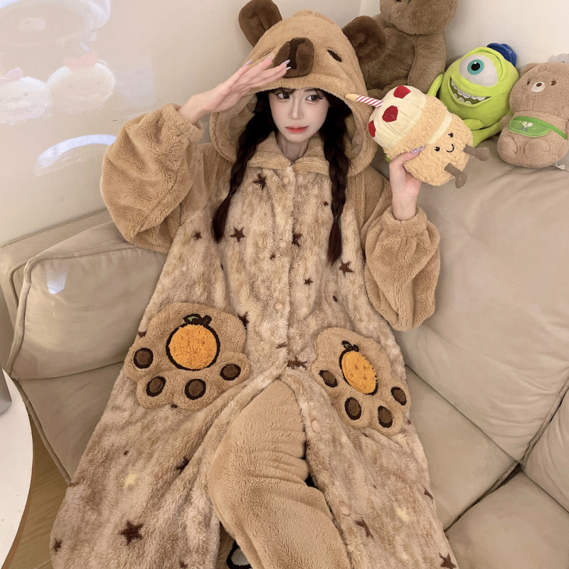 Winter Thickened Coral Fleece Hooded Pajamas for Women, Plus Size, for Curvy Women, Long Fleece Robe, Loungewear