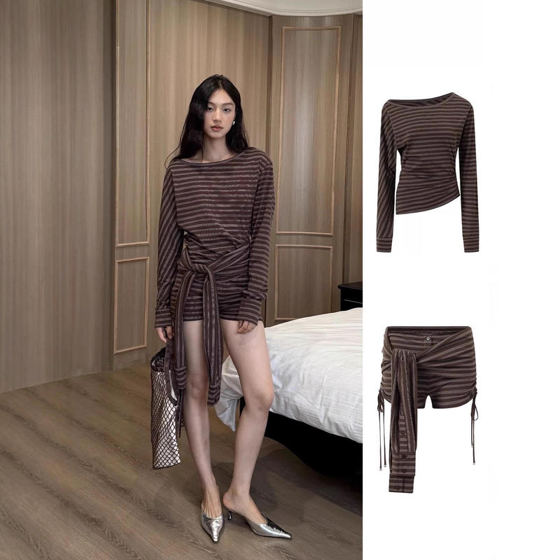 90% off Pieces of Niche Design - Striped Set, One-Shoulder Ruched Long-Sleeve T-Shirt, Wrap-Around Tie Shorts, Fall 2025