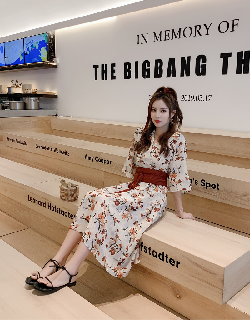 VK旗艦店 中國風v領雪紡過膝長版收腰漢服短袖洋裝