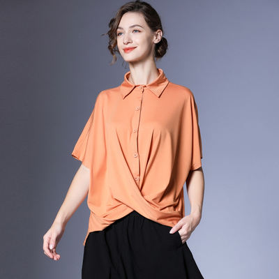 Zhi Zhi 2026 Summer New Style Loose short-sleeved mercerized cotton knitted shirt for women, large-sized pleated light mature women's top
