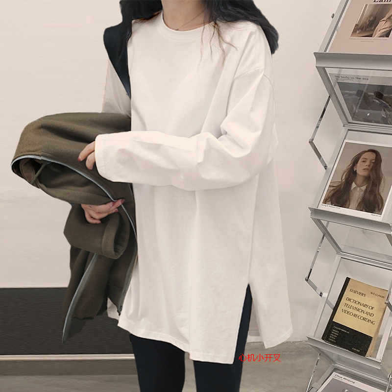Minimalist Pure Cotton White Base Shirt That Covers the Hips, Long Style, Long-Sleeved T-Shirt for Women, Top to Pair with Shark Pants