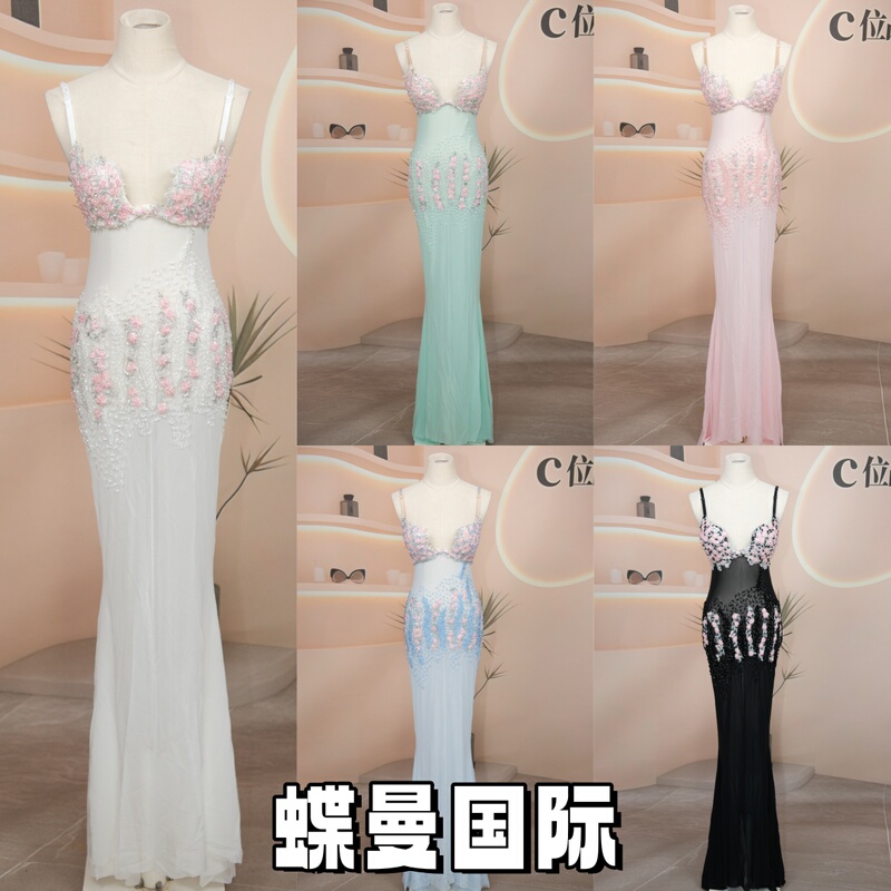 Nightclub Bar Ktv Heavy-Duty Handmade U-Cup Sexy Ktv Foot Bath Dress Long Skirt with Floral Decoration and Mesh Gathering