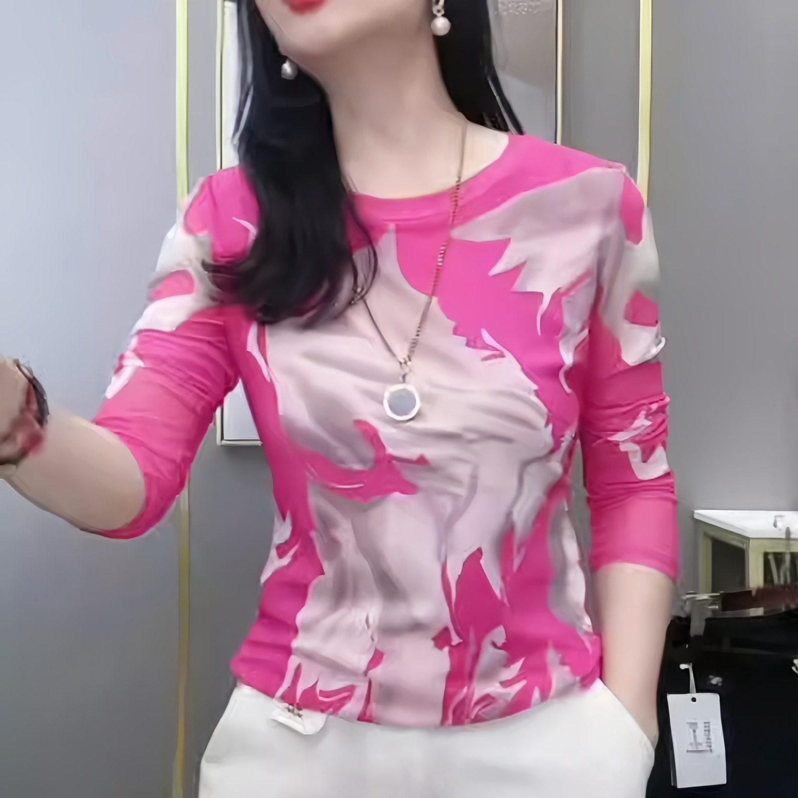 肌肤双层网纱长袖打底衫女士高档显瘦百搭t恤春秋款时尚修身上衣