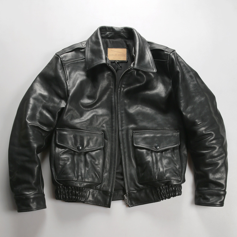 New A2 Top-Grain Vegetable-Tanned Leather Short Flight Jacket Men's Pilot Genuine Leather Jacket with Lapel