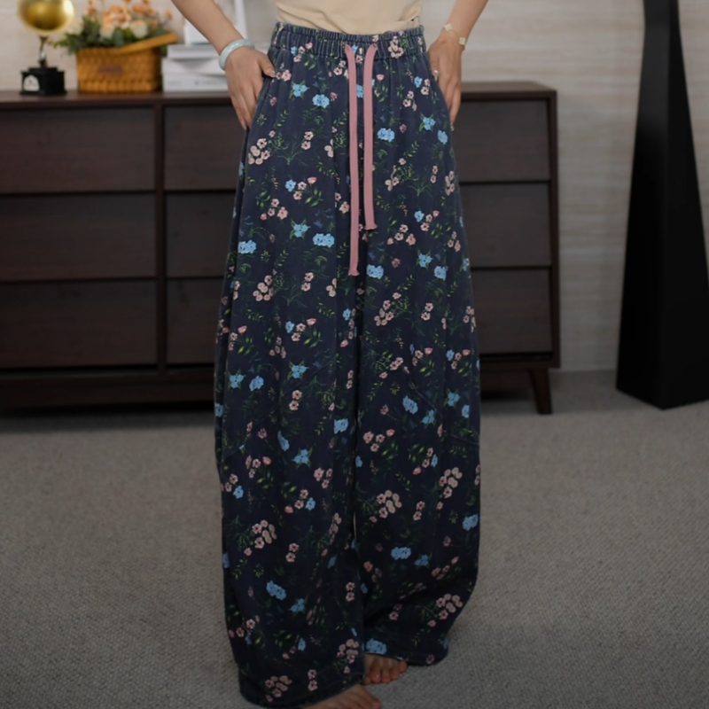 Floral Denim Scimitar Pants with Vintage Text Design, Slimming Pants