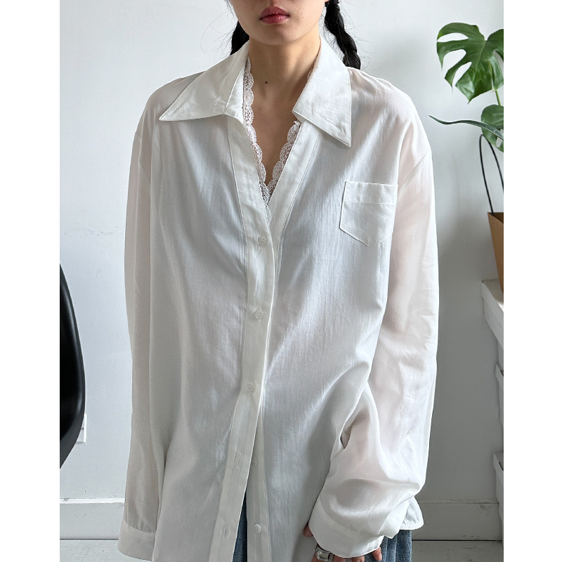 Non-Addictive Niche Comfortable Fabric Spliced Lace Long-Sleeve Shirt Loose Drape High-End Tencel Shirt for Women Spring and Summer