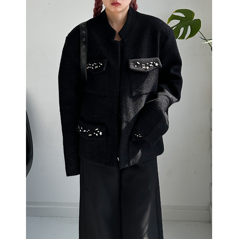 Addict-Free Niche High-End Custom Beaded Chanel-Style Shoulder-Padded Woolen Jacket 26 Spring and Autumn Loose High-End Jacket for Men and Women